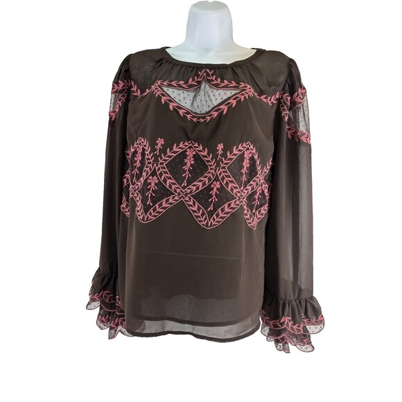 Anthropologie Tops - Anthropologie Long Sleeve Applique Blouse Brown Pink Embroidered Ruffle Chiffon‎